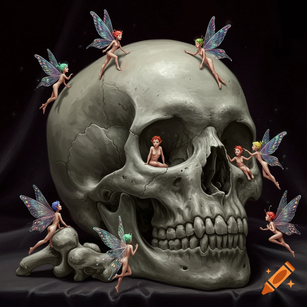 A human skull with small, iridescent-winged fairies on and around it, against a dark background.