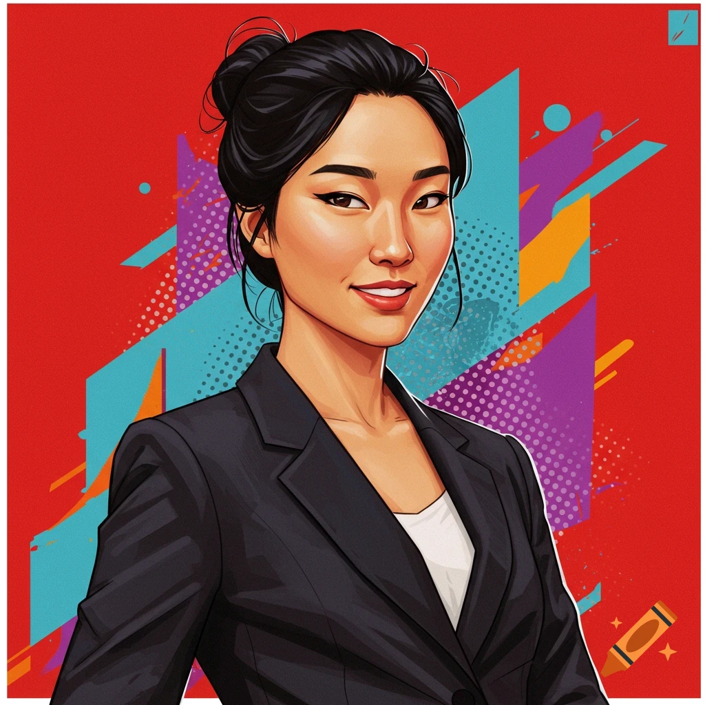 A woman in a blazer against a red background with geometric shapes.