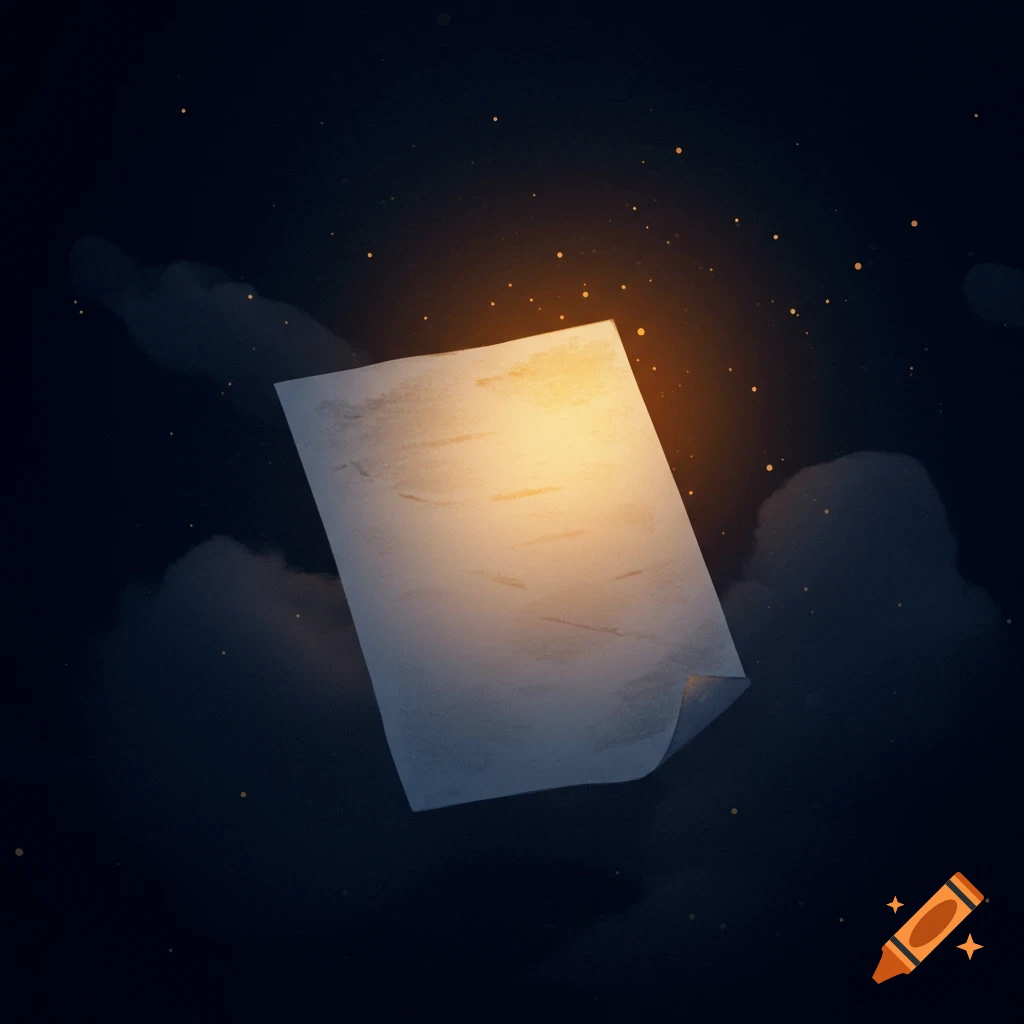 A blank piece of paper glows warmly as it floats in the dark night sky amidst clouds and stars.