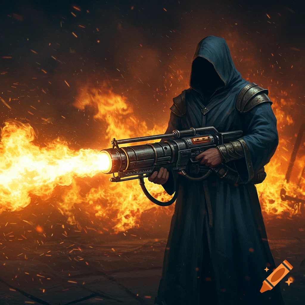 A hooded figure in a blue robe shoots fire from a flamethrower in a chaotic, fiery scene.