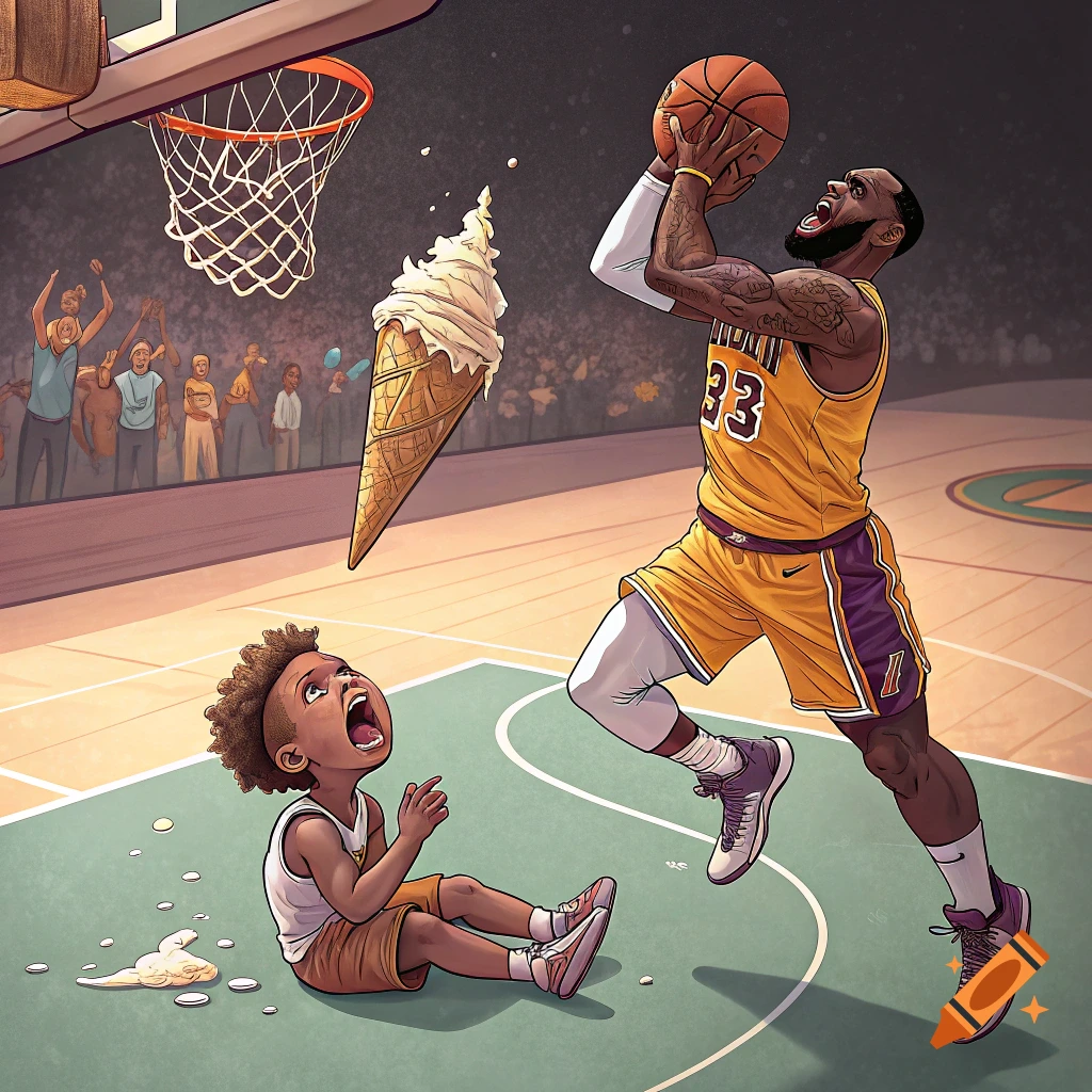 Illustration of Lebron James dunking over a crying child who dropped ice cream on a basketball court.