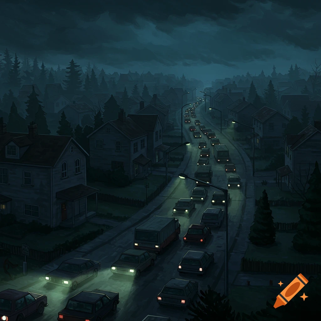 A dark scene shows a suburban street at night filled with cars in a traffic jam.