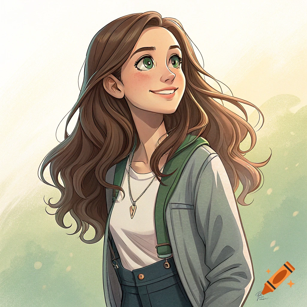 Illustration of a young woman with brown hair and green eyes, smiling and looking up