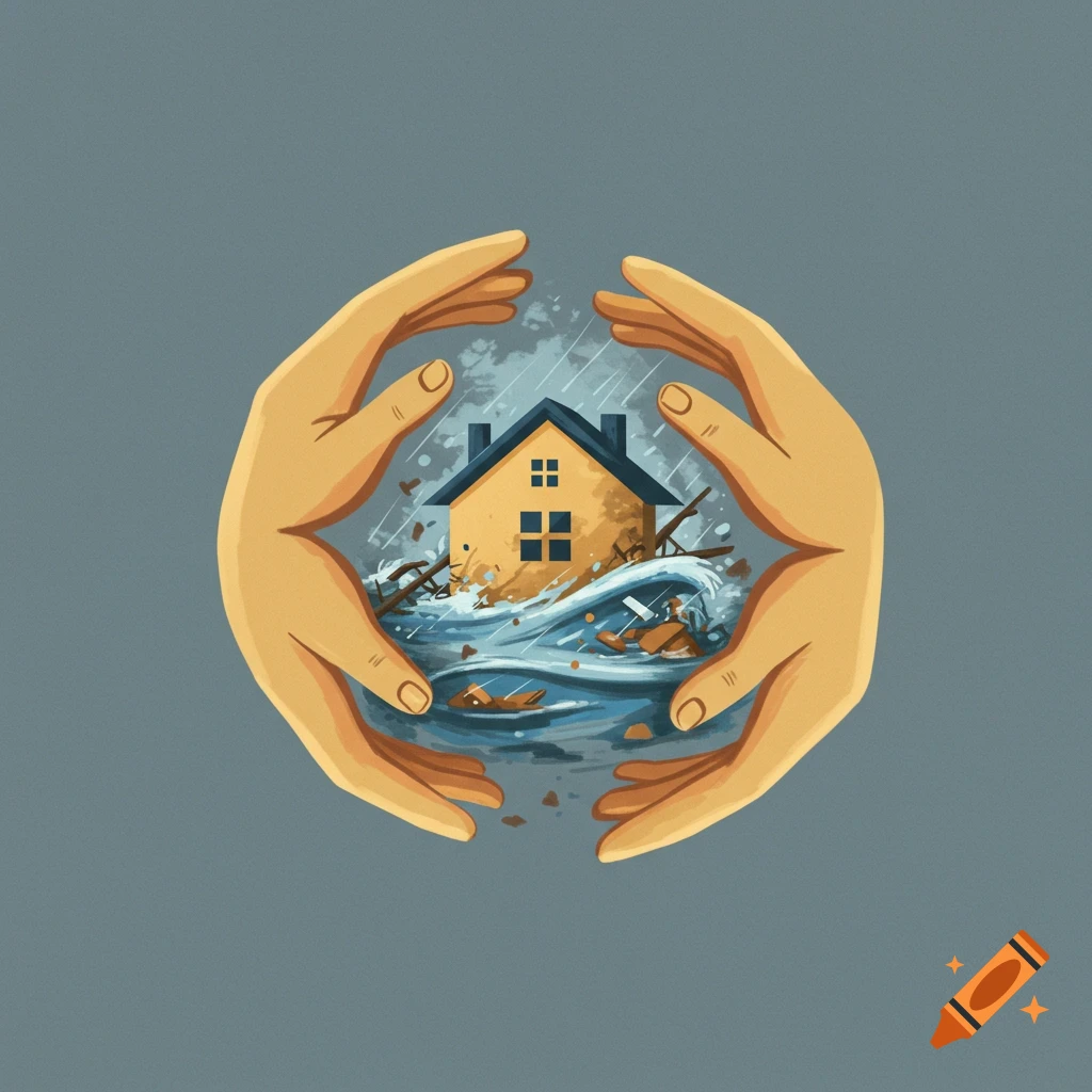 Illustration of hands cupping a house enduring a flood, symbolizing protection.
