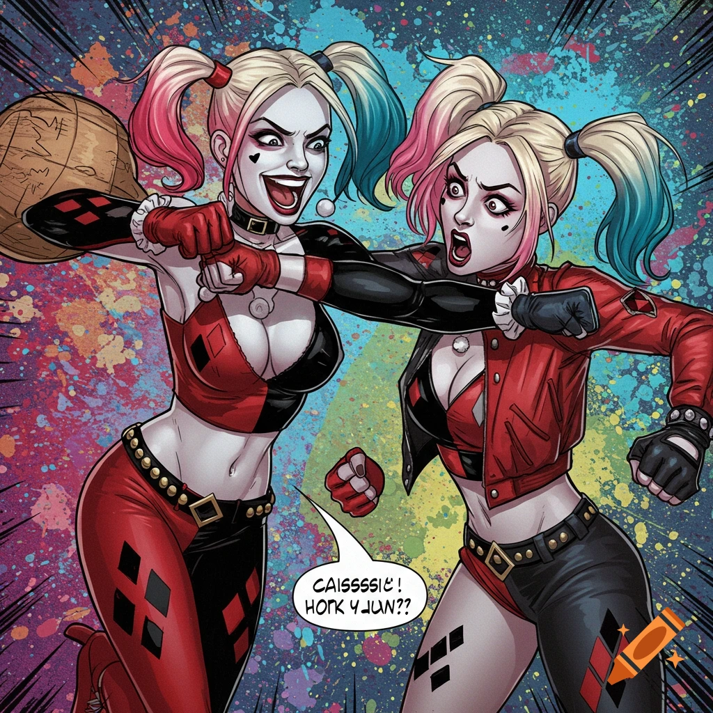 Comic book art of classic Harley Quinn punching modern Harley Quinn against a colorful splatter background.
