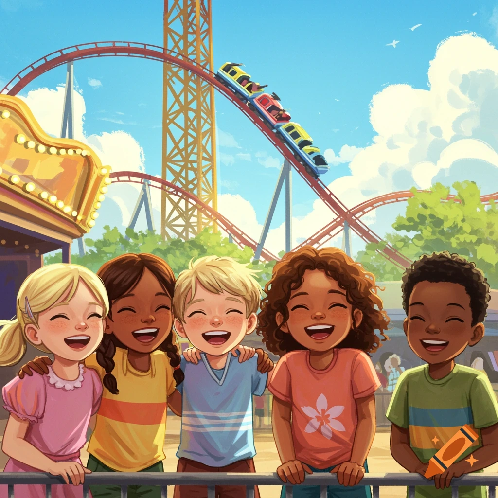 Diverse children smile excitedly at an amusement park with a roller coaster in the background.