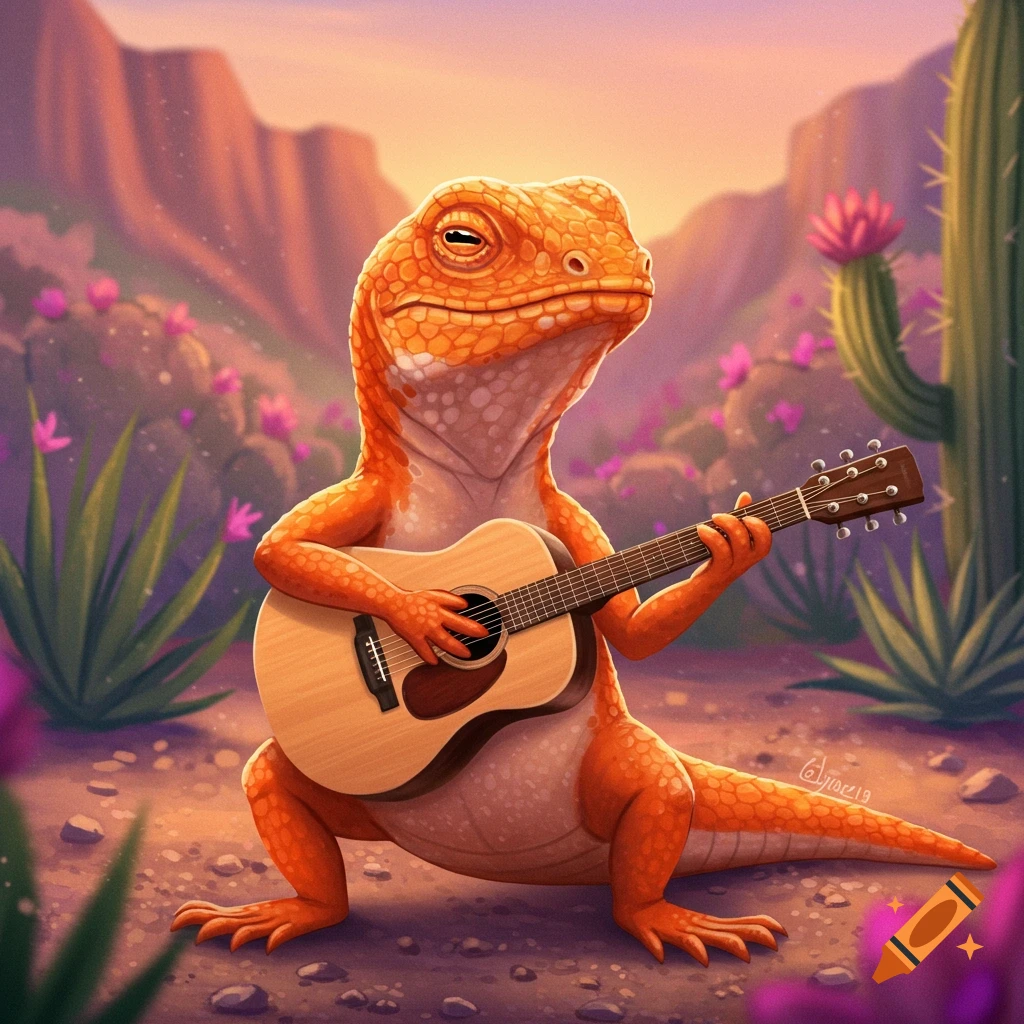 Orange lizard plays acoustic guitar in a desert landscape.