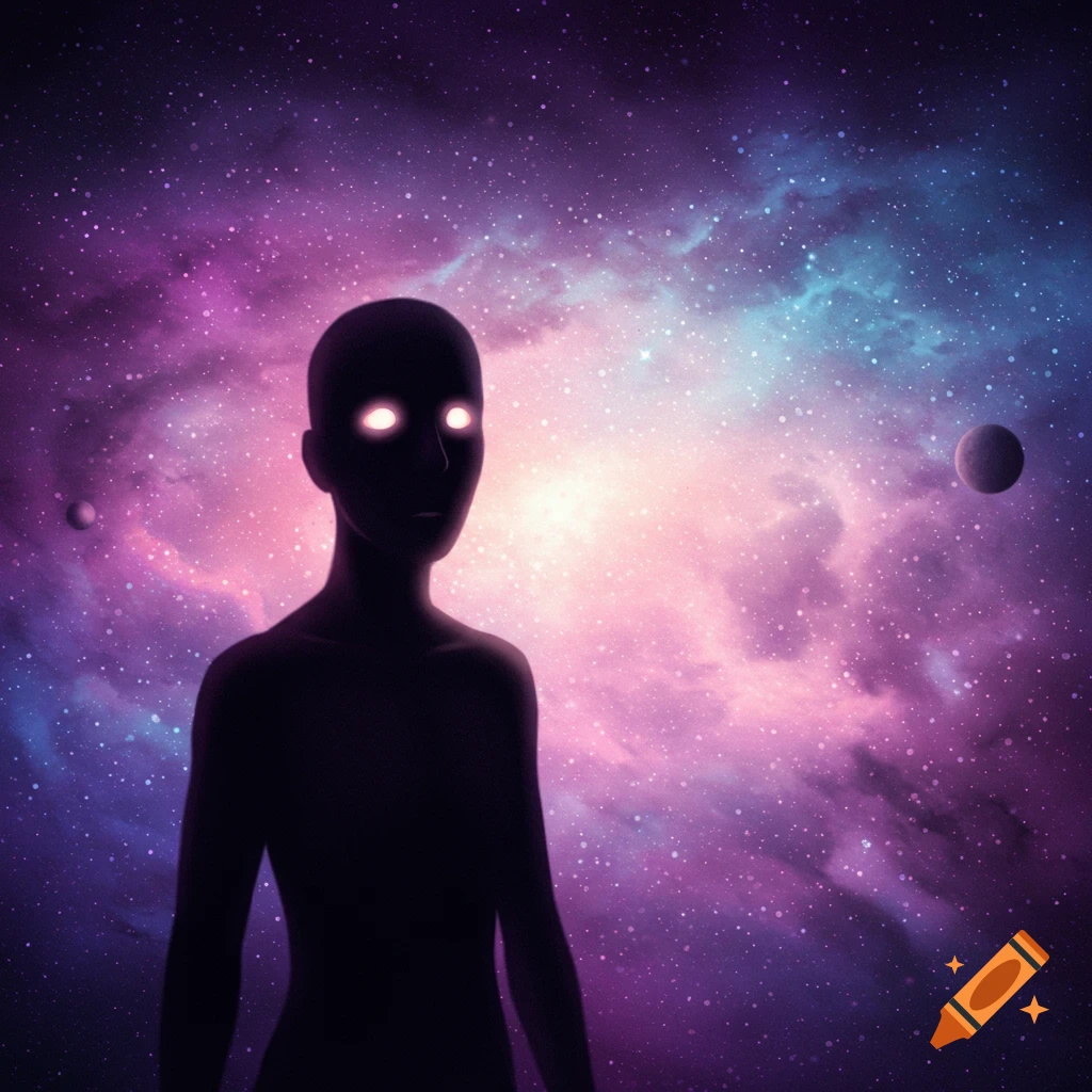 Silhouette figure with glowing eyes in a swirling galaxy.