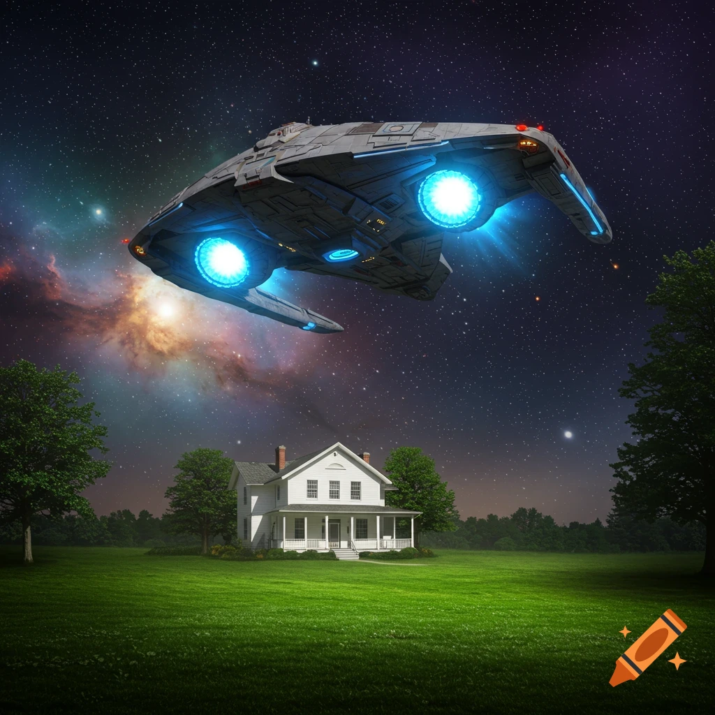 A spaceship hovers over a white house on a lawn under a starry night sky.