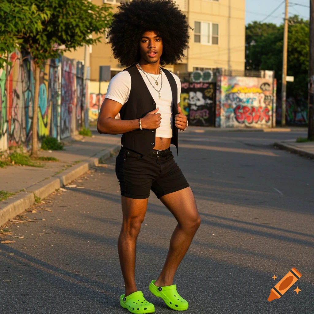 Young man with a large afro, wearing a crop top, vest, shorts, and bright green crocs, stands on an urban street with graffiti walls.