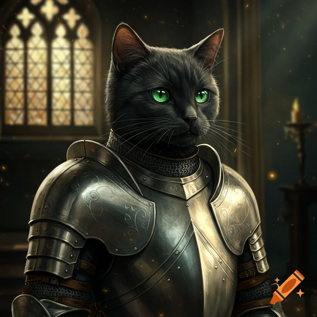 A black cat wearing full knight armor stands in a room with a gothic window.