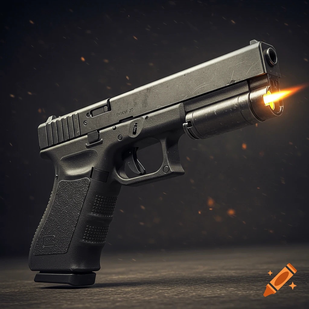Close-up of a Glock pistol with a flare attachment firing.