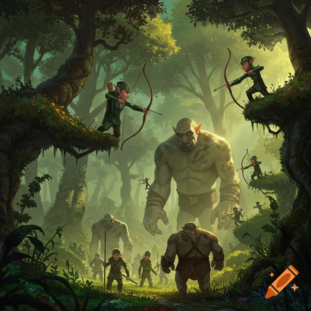 Archer elves in trees defend against giants on the forest floor in a misty fantasy scene.