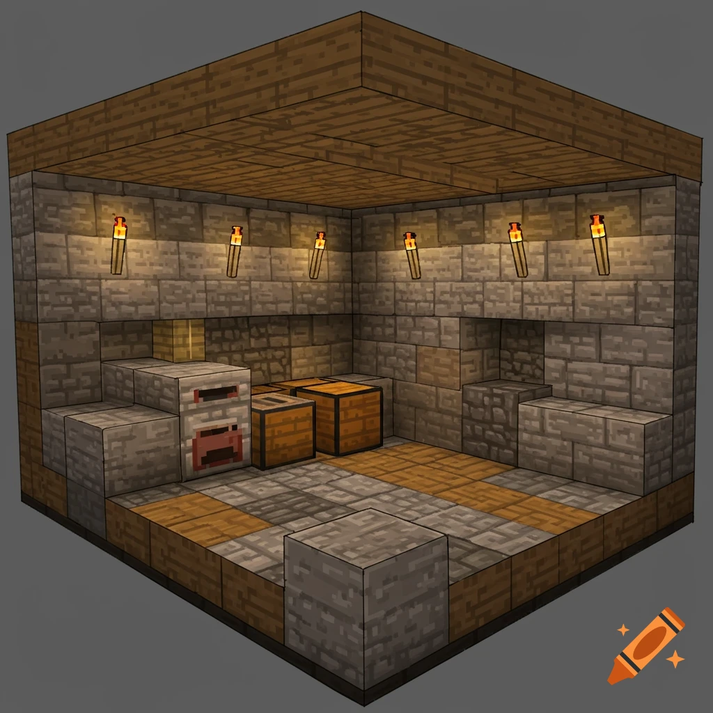 A Minecraft basement room with stone and wood walls, chests, a furnace, and torches.