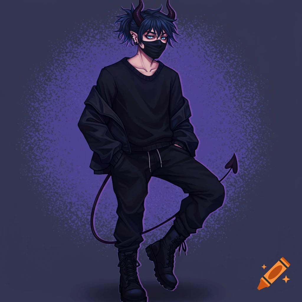 Anime character with blue hair, mask, horns, and tail, wearing dark clothes against a purple background.