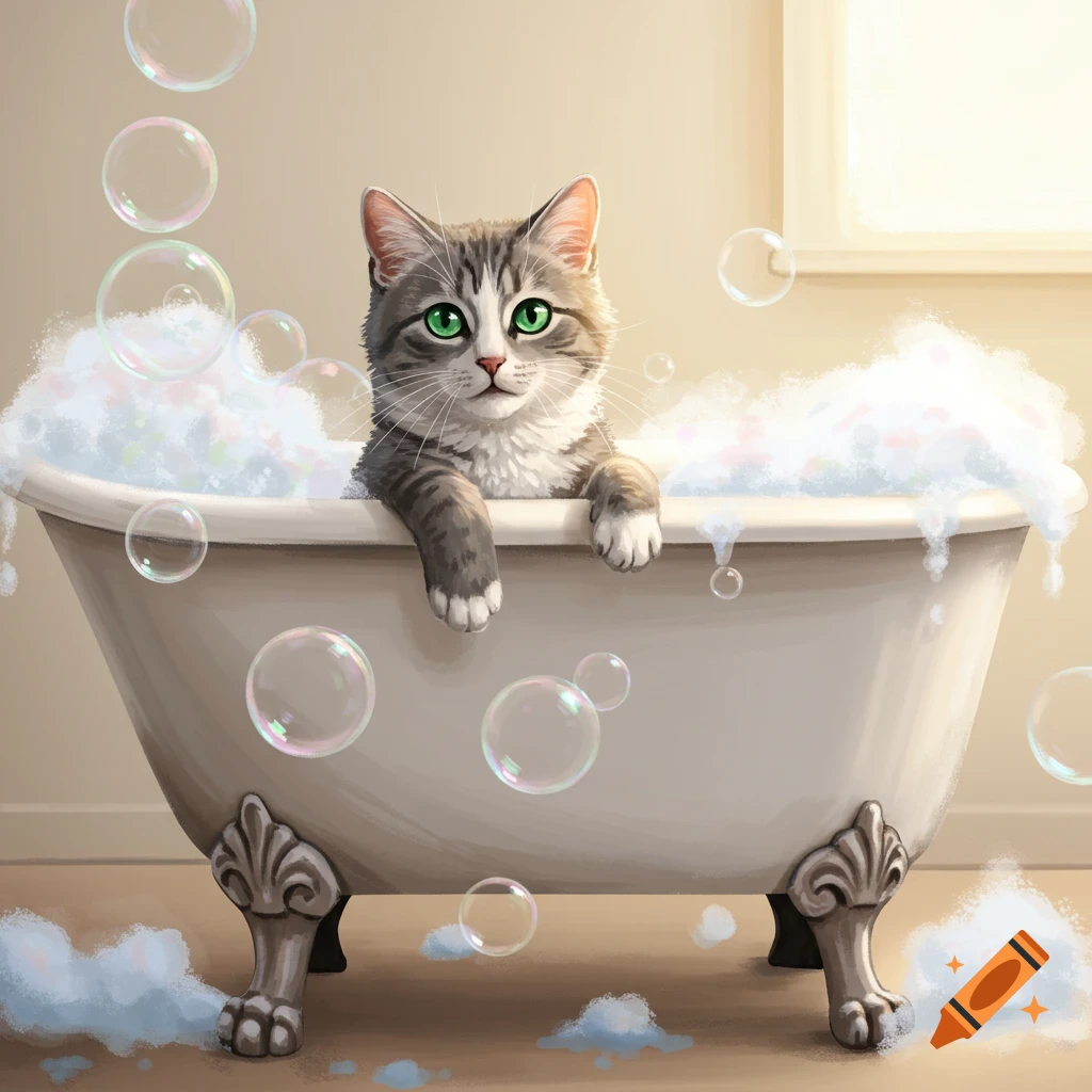 A grey and white cat with green eyes sits in a bubble bath surrounded by soap bubbles.