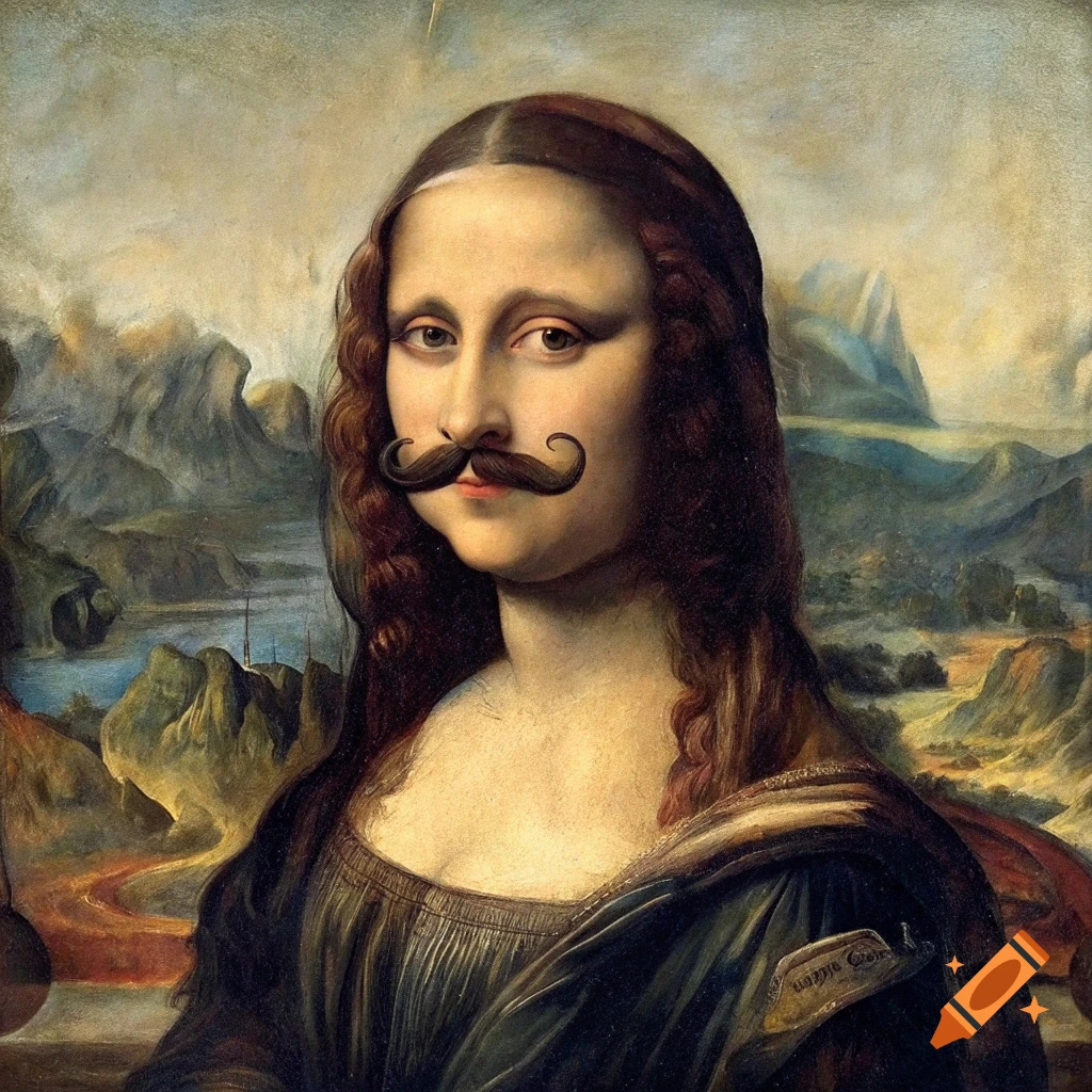 A painting of the Mona Lisa wearing a large, curled handlebar mustache.