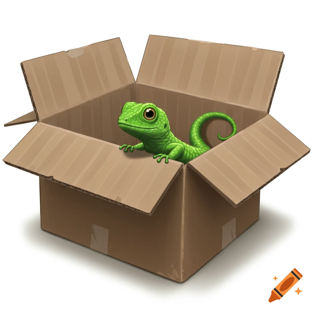 A bright green gecko with big eyes looks out from a cardboard box.