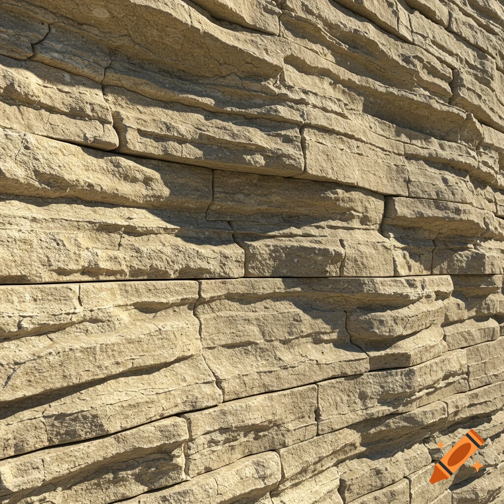 Close-up texture of a rough stone wall with deep horizontal layers and shadows.