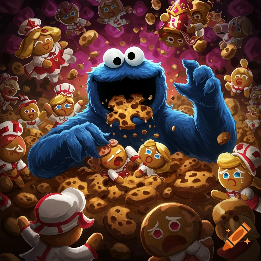 Cookie Monster eating distressed gingerbread cookie characters amidst a pile of cookies.