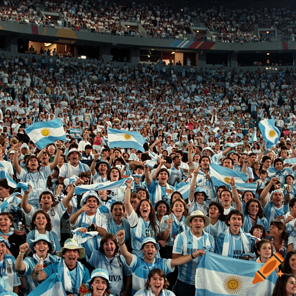A wide shot of a stadium filled with cheering Argentinian fans waving flags and wearing team jerseys.
