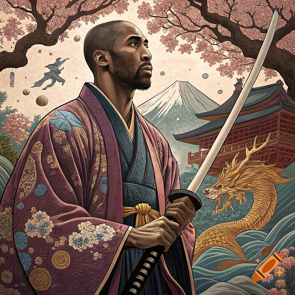 Illustration of a man resembling Kobe Bryant in a samurai kimono holding a sword, with Mount Fuji and a dragon in the background.