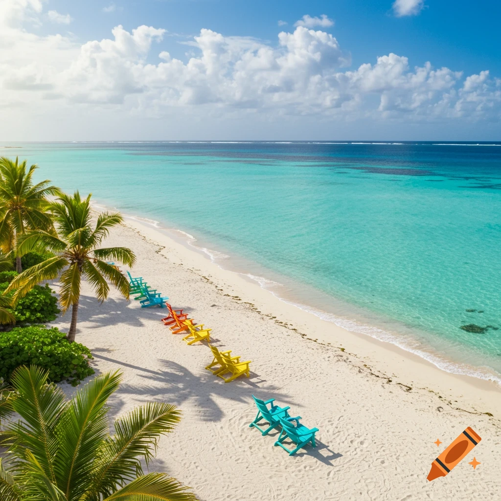 Aerial view of a tropical beach with palm trees, turquoise water, and a line of colorful chairs on the sand.