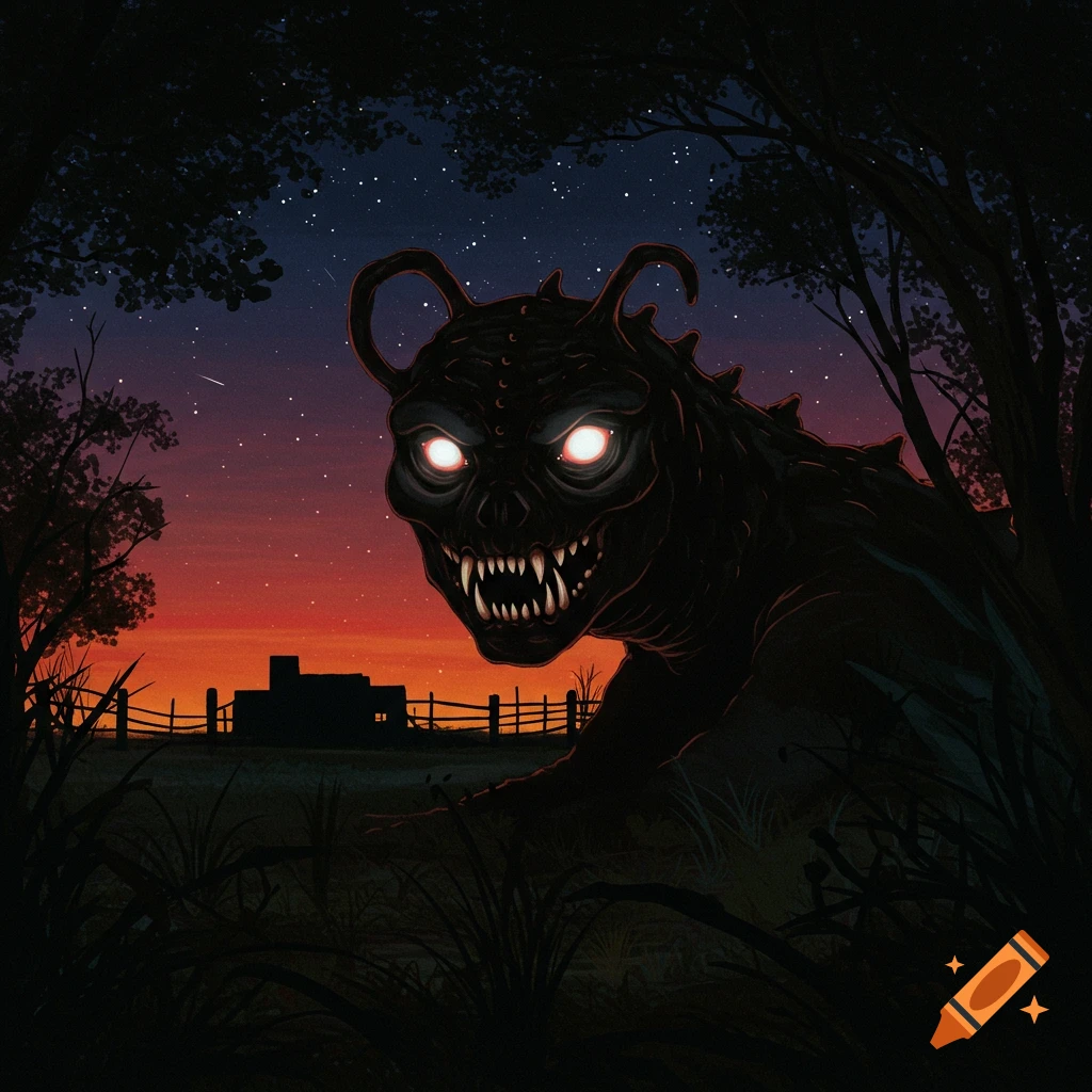 A monstrous creature with glowing eyes stands in a field at twilight, looking down at a house.