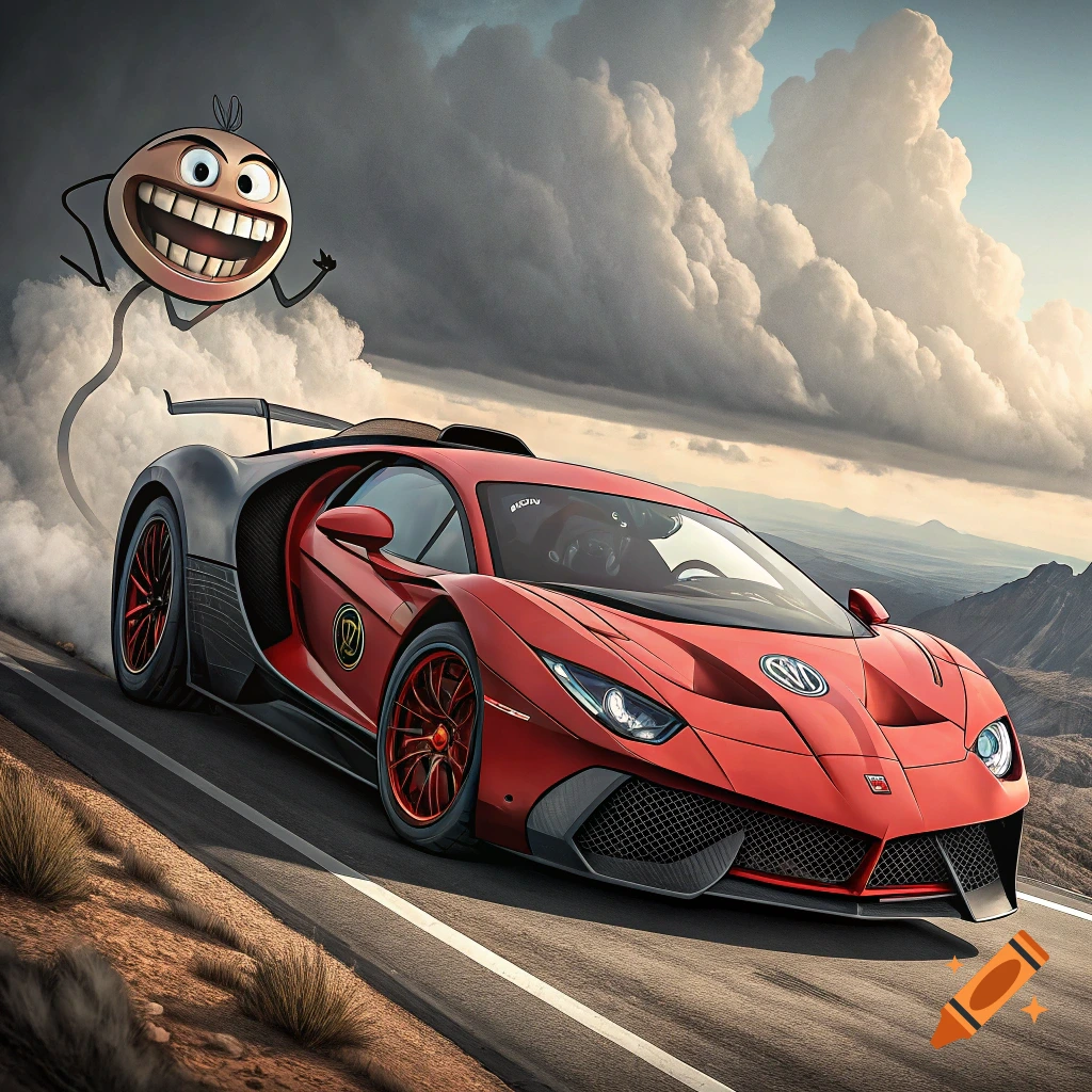 A red futuristic sports car drives on a road while a large, grinning cartoon character floats above it.