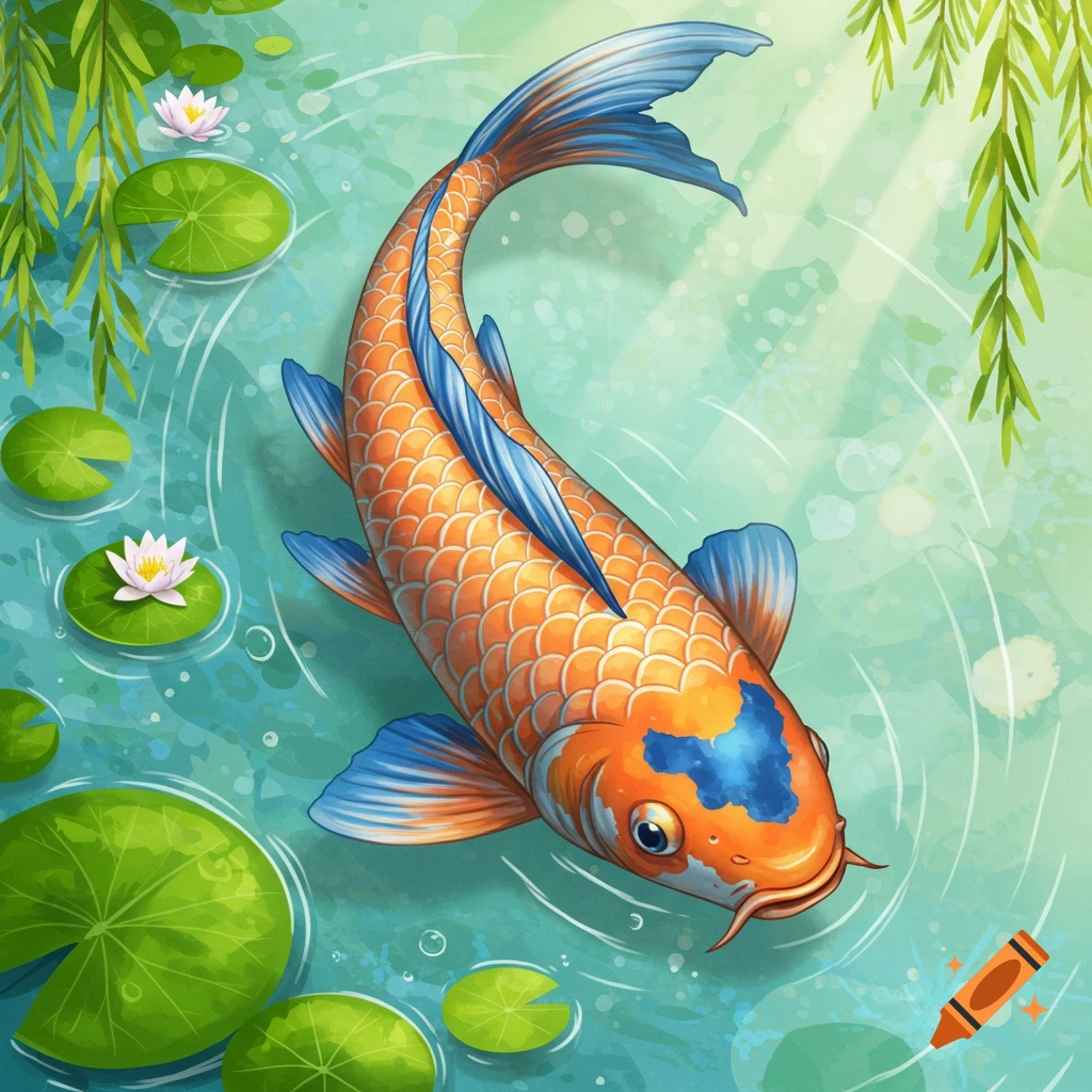 A vibrant orange and blue koi fish swims in a pond with green lily pads and ripples, digital art
