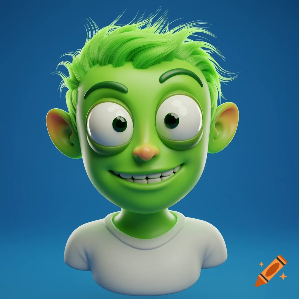 A 3D render of a green cartoon character with bright green hair, large eyes, and a wide smile, wearing a white t-shirt against a blue background.