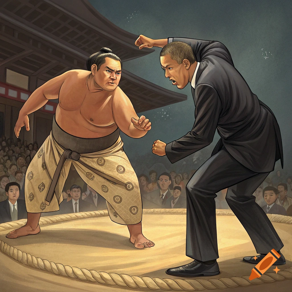 Illustration of a sumo wrestler facing off against Barack Obama in a sumo ring.