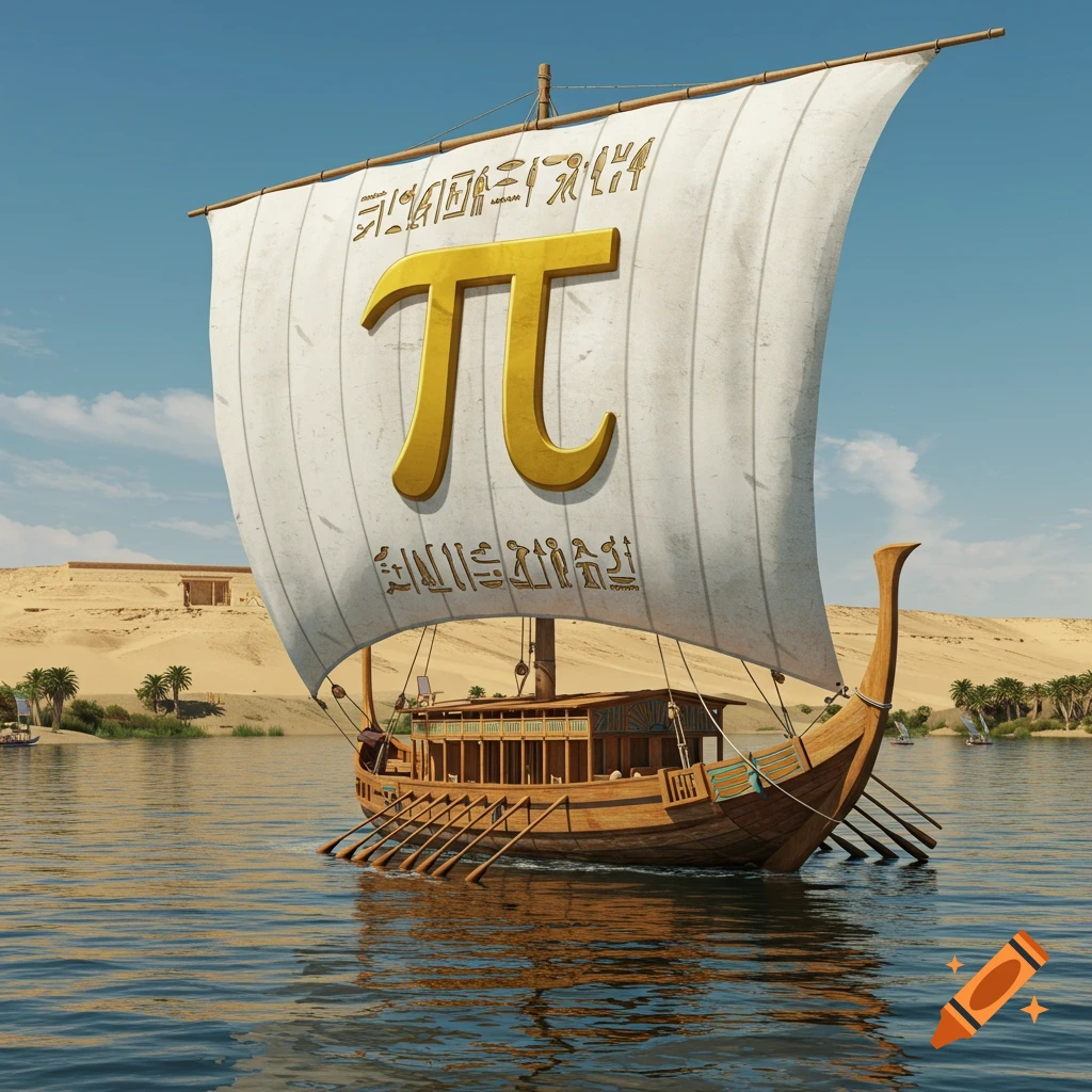 An Egyptian ship with a large golden Pi symbol on its sail floats on a river.