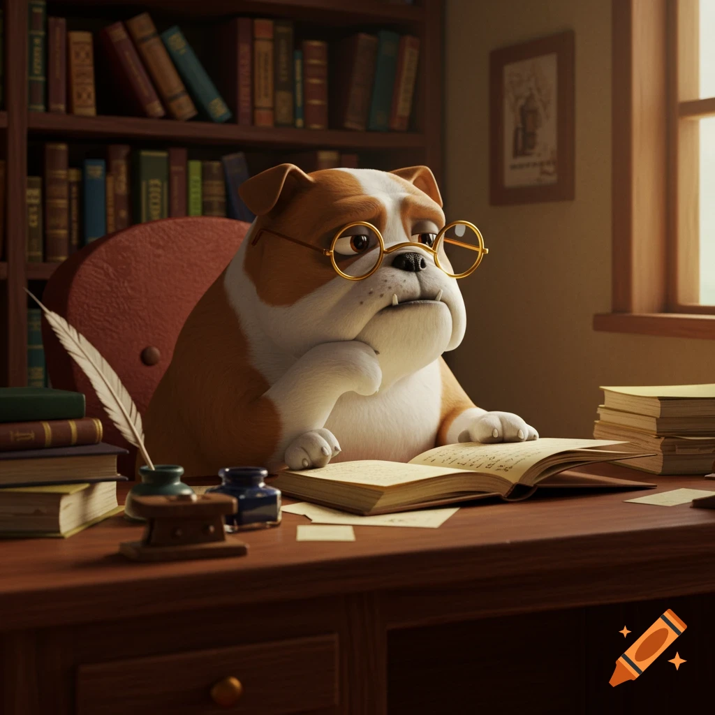 A scholarly bulldog wearing glasses sits at a desk with books and writing tools in a cozy animated office.
