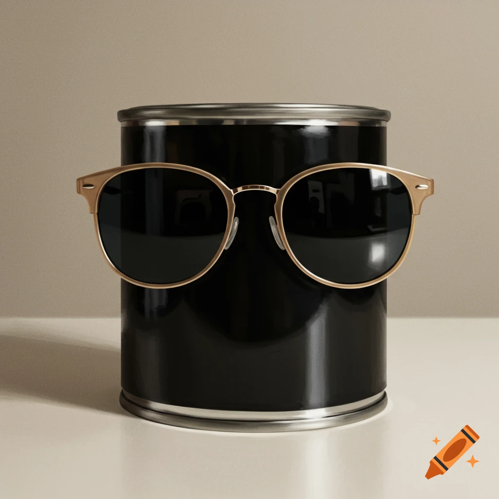 A black paint can wearing gold-framed sunglasses