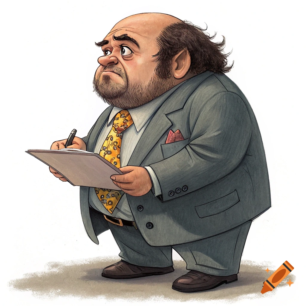 A caricature illustration of a short man resembling Danny DeVito in a suit, holding a clipboard and pen.