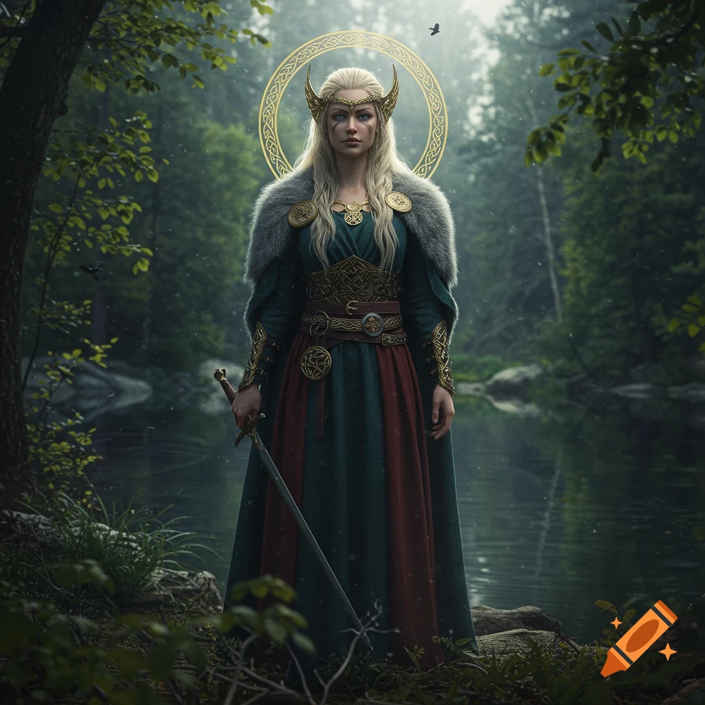 A woman in Norse Celtic attire with a sword stands by a forest lake under a golden halo.