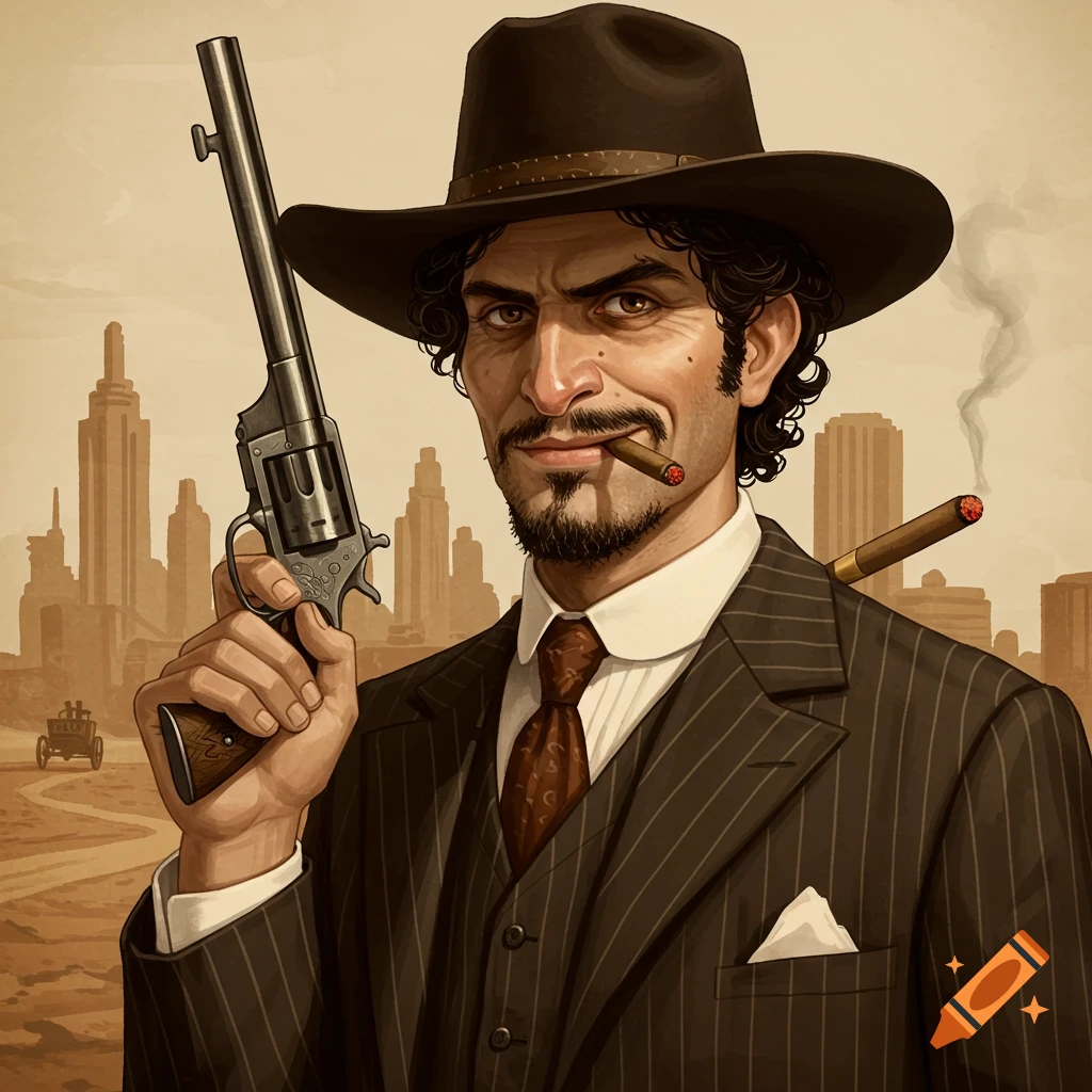 A man in a suit and cowboy hat holds a pistol and smokes a cigar, with a cityscape in the background.