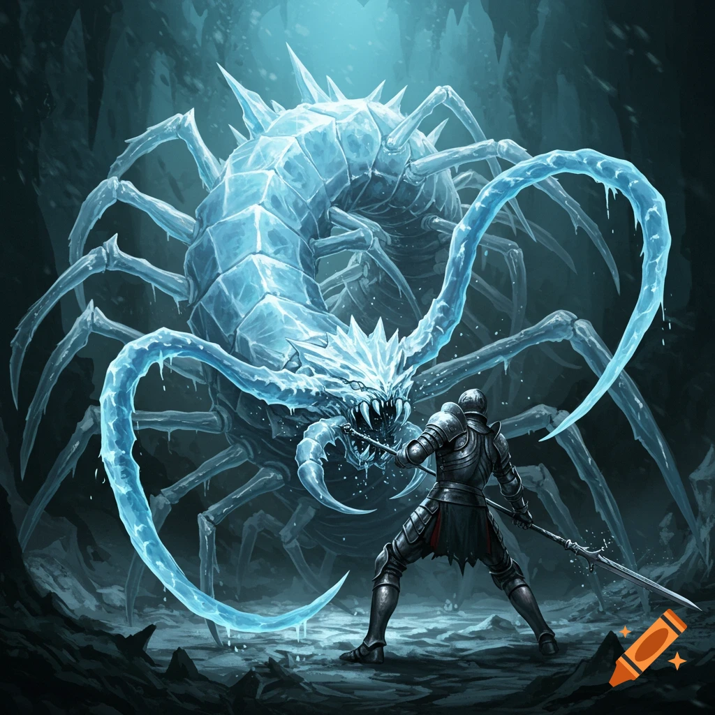 A knight fights a huge centipede-like ice monster in a dark cave.
