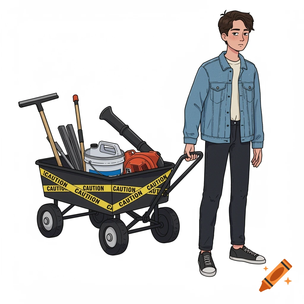 Cartoon of a teenage boy pulling a wagon filled with tools wrapped in caution tape.