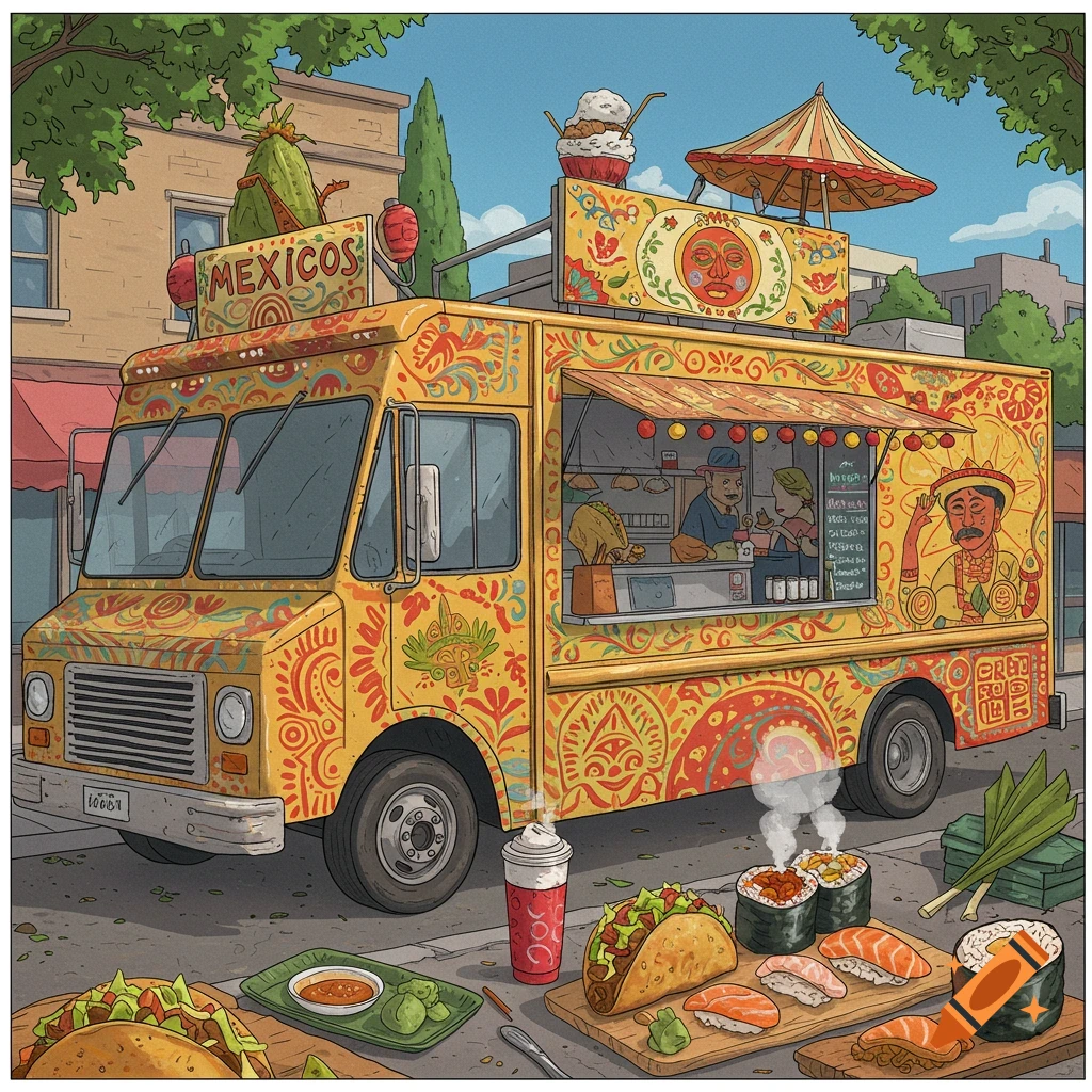 A colorful food truck is parked on a street, selling tacos and sushi.