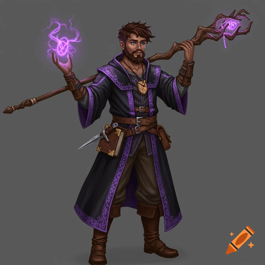 A young male wizard with brown hair and beard, wearing a black and purple robe, holding a staff with purple magic, and conjuring magic.