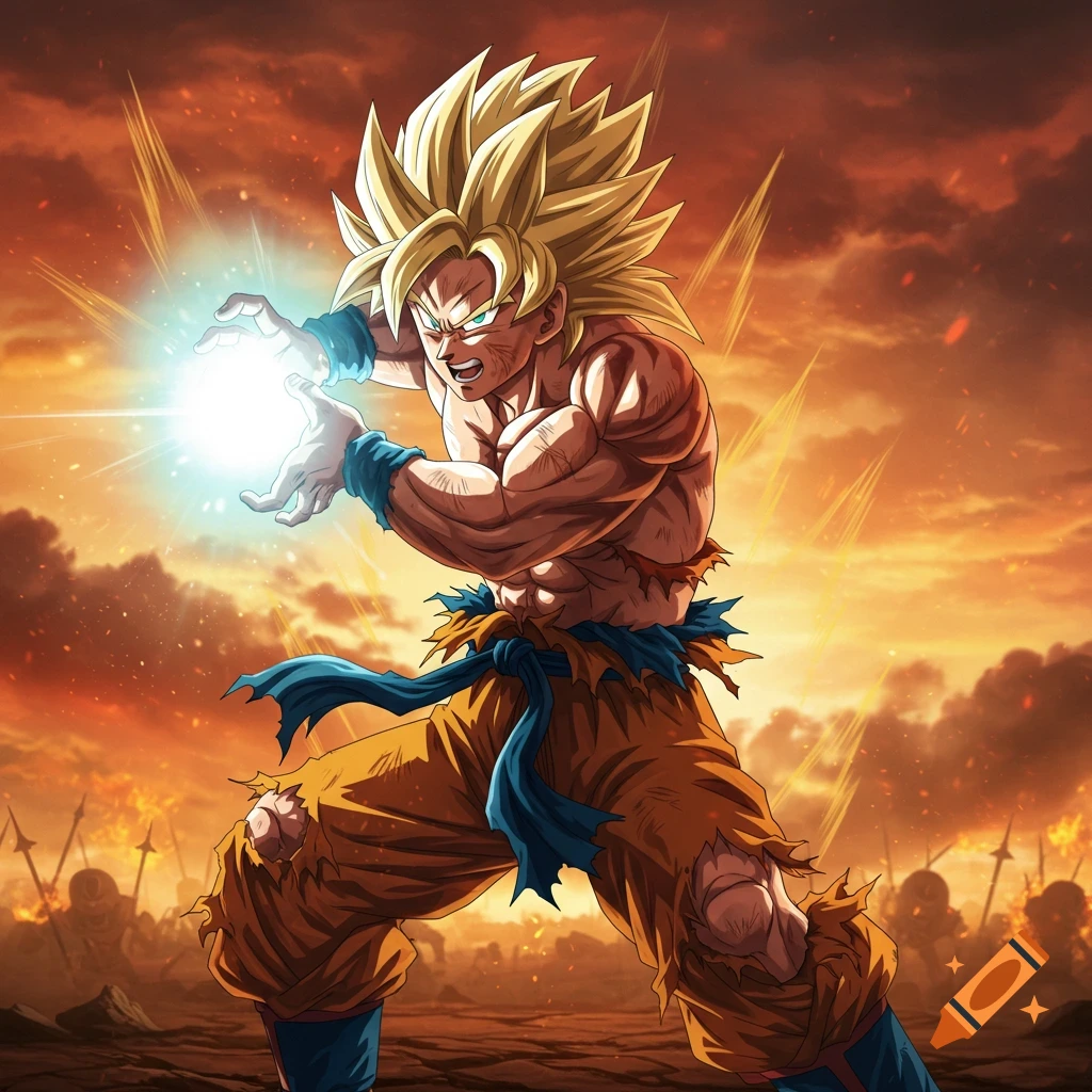 Anime character resembling Goku in Super Saiyan form charging an energy ball on a battlefield.