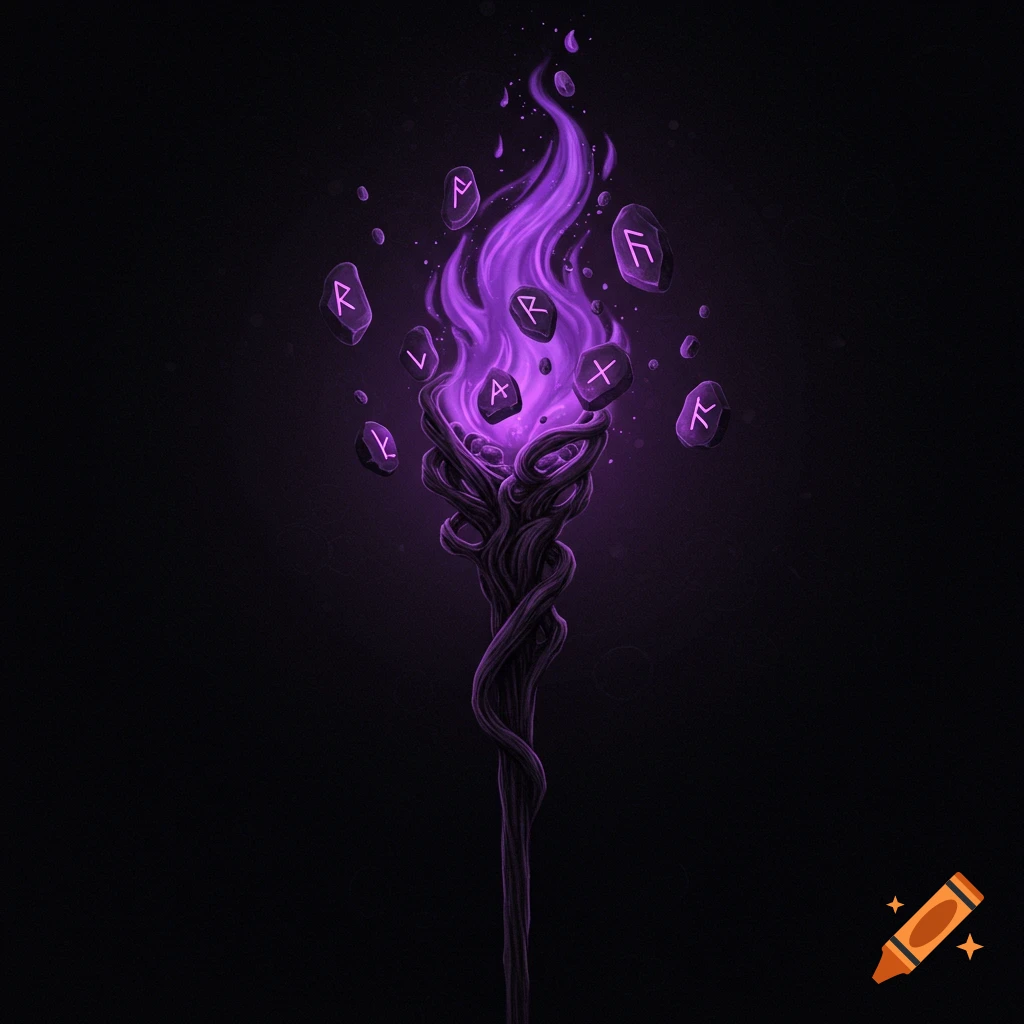 A dark, twisted staff with purple flame and floating stones with runes carved in them on a black background.