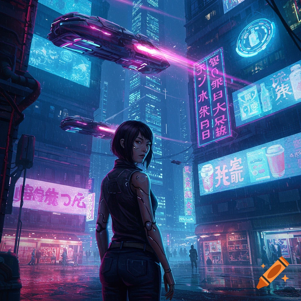 A woman stands in a rainy cyberpunk city street at night, surrounded by neon signs and flying vehicles.