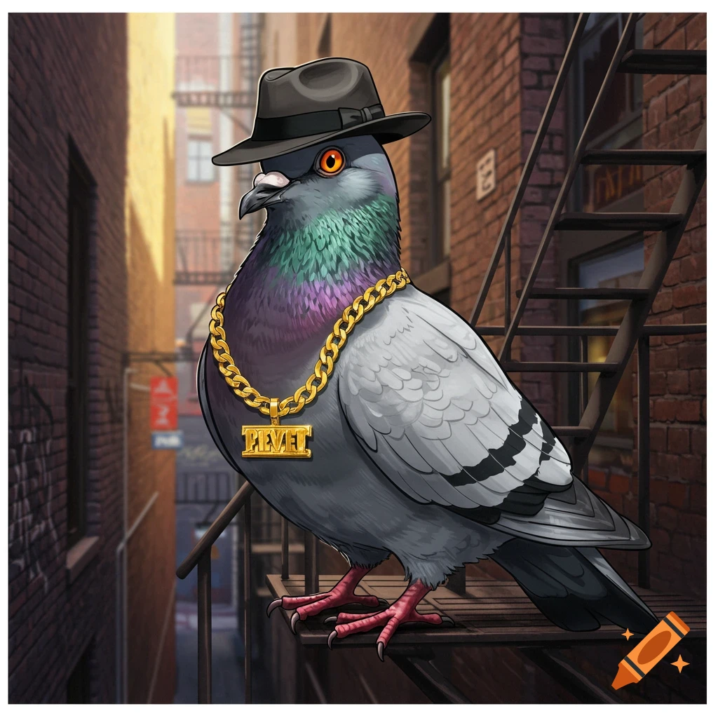 A pigeon dressed like a gangster, wearing a fedora hat and a thick gold chain, standing in an alley.