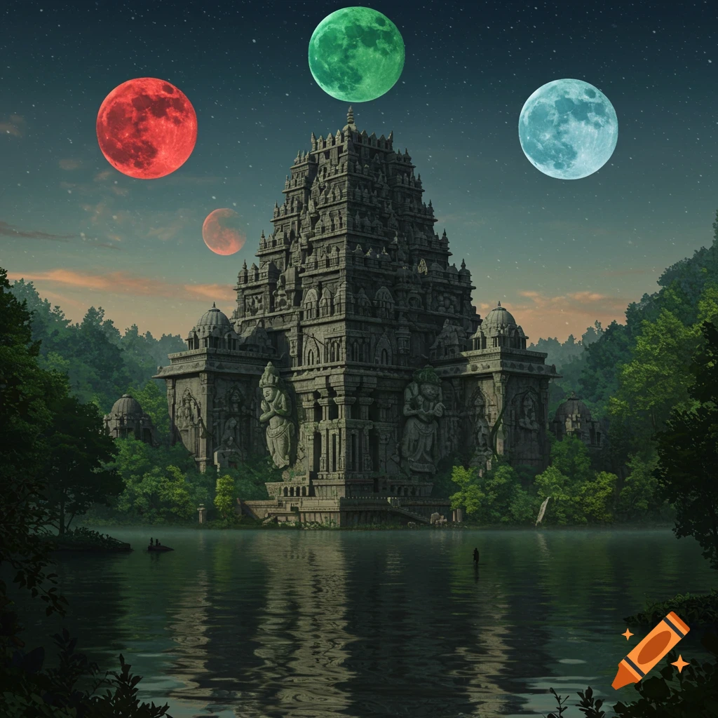 A massive Indian temple by a lake in a forest under a night sky with red, green, and blue moons.