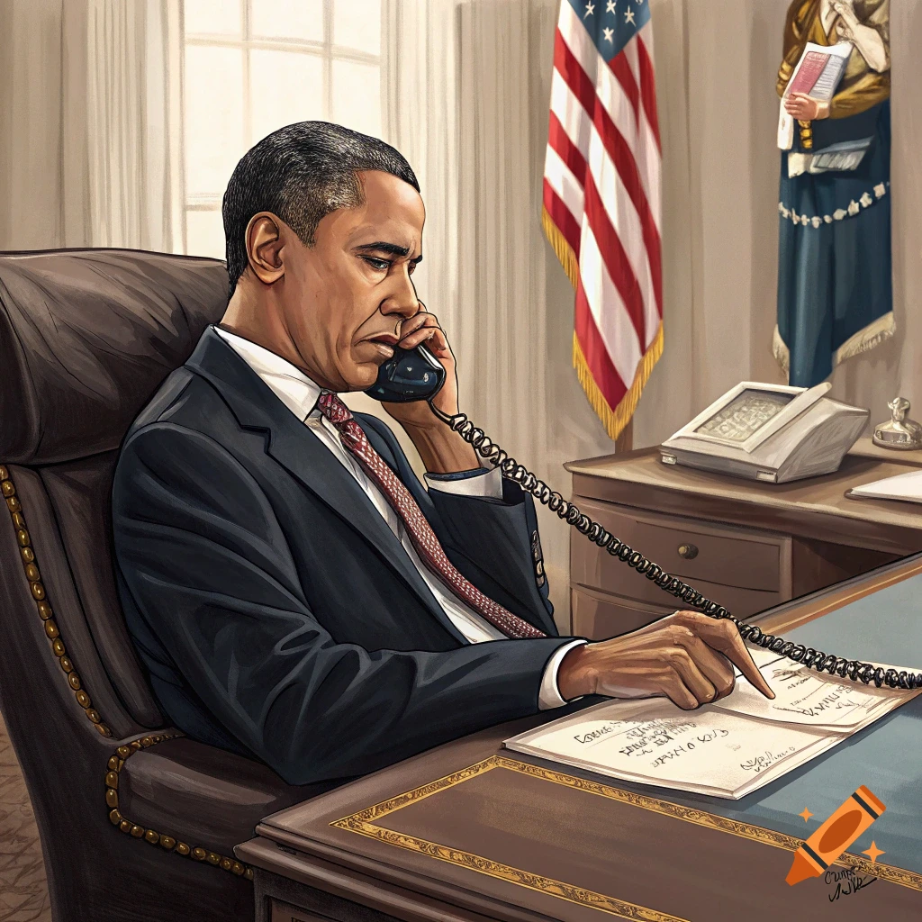 Illustration of Barack Obama sitting at a desk talking on the phone.