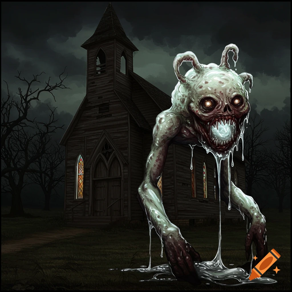 A monstrous white creature dripping slime stands in front of a dark, old wooden church at night.