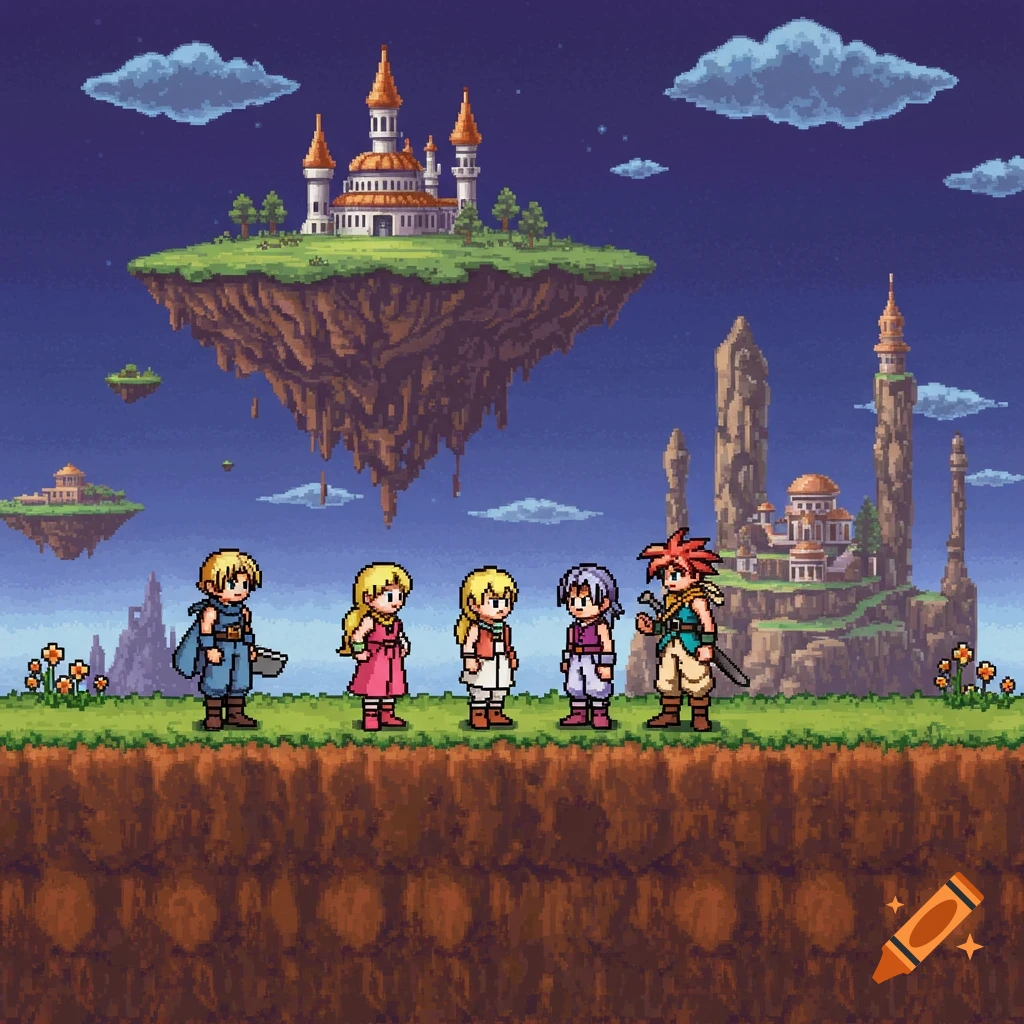 Pixel art of several fantasy characters standing on a grassy cliff with floating islands and castles in the background.